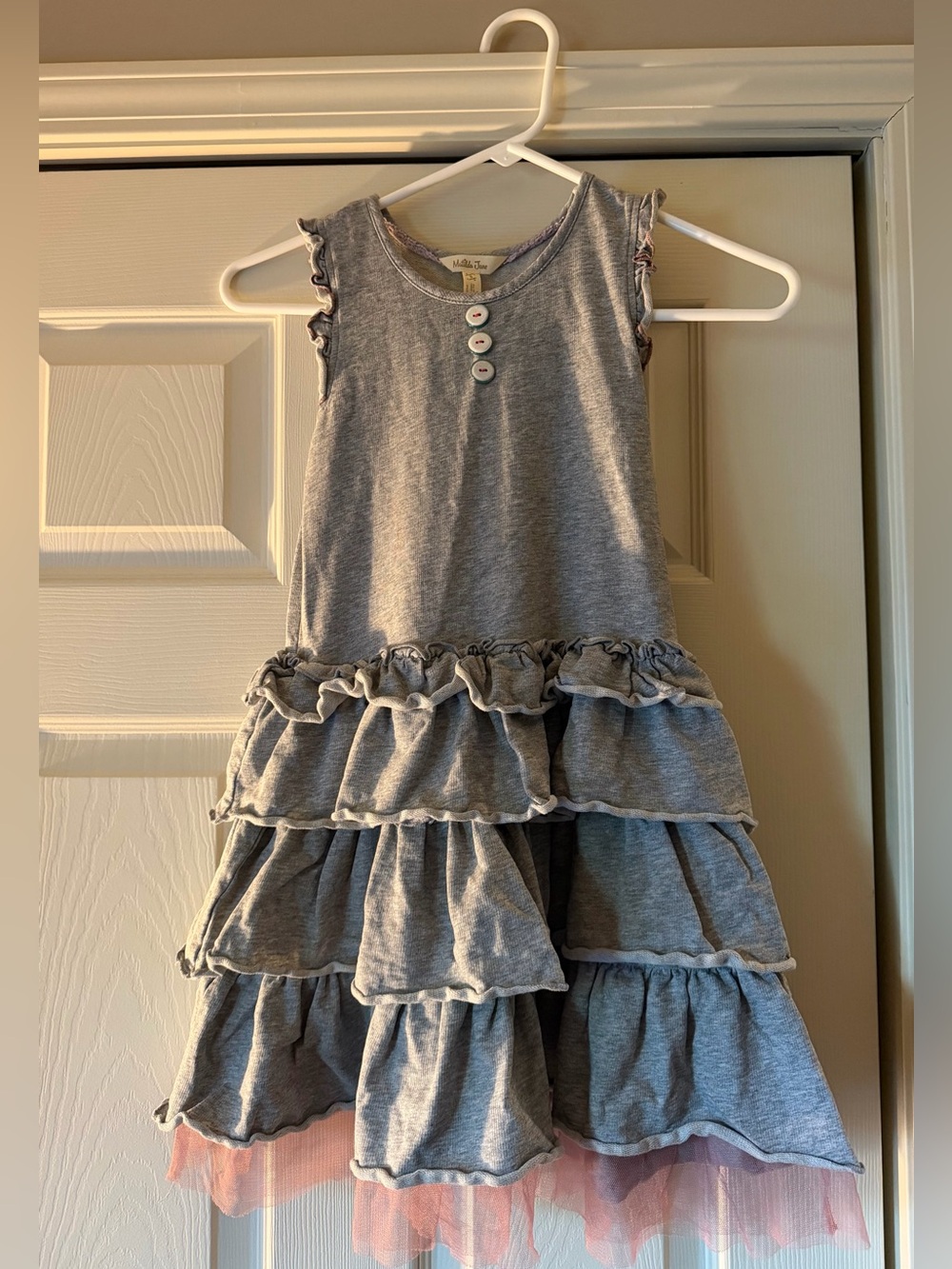 Matilda Jane Grey Tiered Ruffle Dress with Pink Tulle Trim